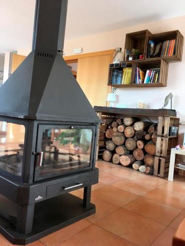 a fireplace in a living room with a pile of logs at Hotel Era Conte in Bierge