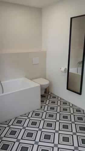 une salle de bain avec un lavabo, des toilettes et un miroir dans l'établissement Le Loft, à Sancergues