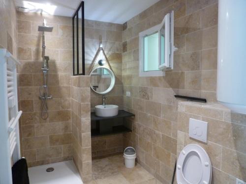 uma casa de banho com um WC, um lavatório e um espelho. em Gîtes les Bernes em Saint-Pardon-de-Conques