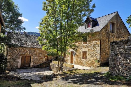 un vieux bâtiment en pierre avec un arbre en face de lui dans l'établissement Maison traditionnelle en Lozère, à Saint-Saturnin-de-Tartaronne