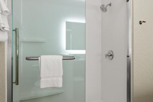 a bathroom with a shower with a white towel at Holiday Inn Express & Suites - Suisun City by IHG in Suisun City