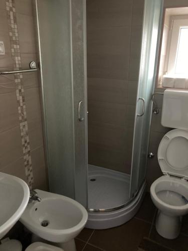 a bathroom with a shower and a toilet and a sink at House Apartment in Pančevo