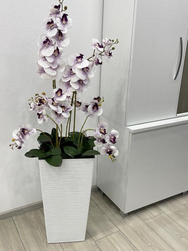 a white vase with purple flowers in a kitchen at Dream&Relax Apartament Cazare Lupeni-Straja in Lupeni