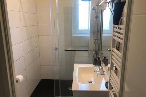 bagno con lavandino e doccia in vetro di Les Jardins Des Chambrettes a Clermont-Ferrand