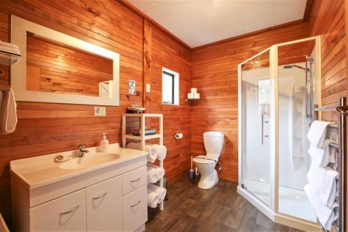a bathroom with a sink and a shower and a toilet at Kaka Retreat Motel, Stewart Island in Half-moon Bay