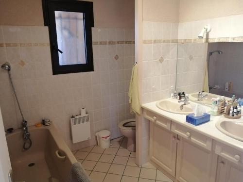 uma casa de banho com um lavatório, um WC e uma banheira em Landes OCEANES - Chambres privées dans villa avec jardin em Lit-et-Mixe