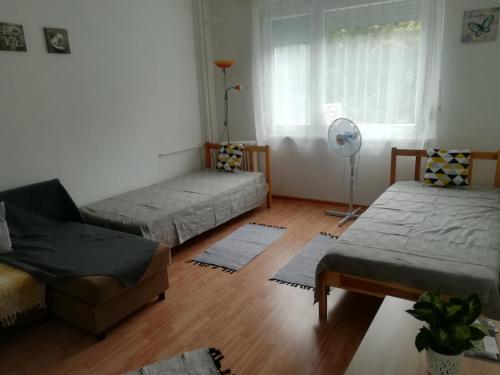 Zimmer mit 2 Betten, einem Stuhl und einem Ventilator in der Unterkunft Var Apartman in Miskolc