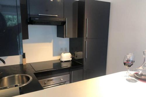 a kitchen with black appliances and a glass of wine at La suite nature Disneyland Paris in Montévrain