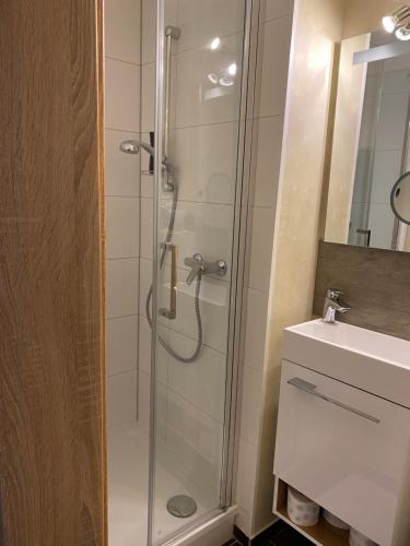 a bathroom with a shower and a sink at Gasthof zur Post - Standort Am Bahnhof Eiserfeld in Siegen