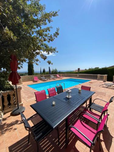 un patio avec une table et des chaises à côté d'une piscine dans l'établissement Bastide dans le Var, à Flayosc