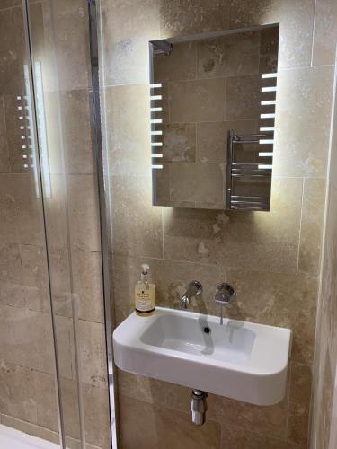 a bathroom with a sink and a shower at Cosy Studio Flat, pets allowed in Tenby