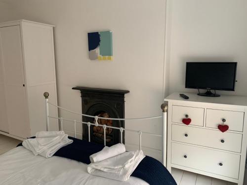 a bedroom with a bed with a fireplace and a television at Hobbes Cottage, pets allowed in Tenby