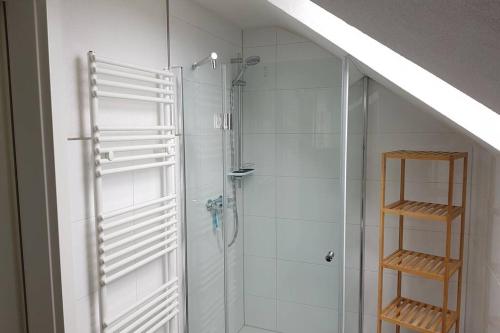 a bathroom with a shower with a glass door at Dachwohnung Eyb mit 3 Schlafzimmern in Ansbach