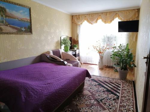 sypialnia z fioletowym kocem na łóżku w obiekcie Апартаменти в центрі міста w Kamieńcu Podolskim