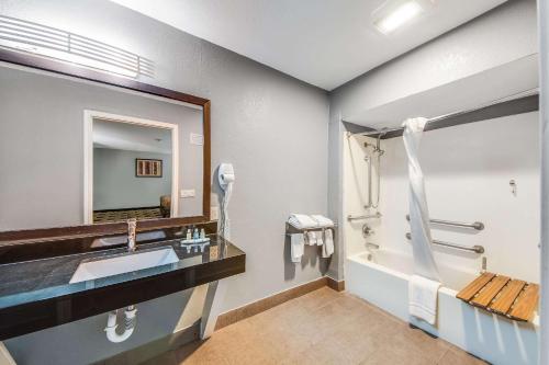 La salle de bains est pourvue d'un lavabo, d'une baignoire et d'un miroir. dans l'établissement Quality Inn Near Medical Center, à San Antonio