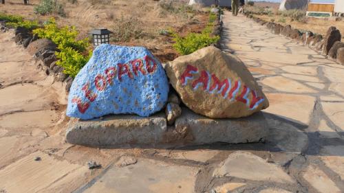 two rocks with graffiti on them sitting on a sidewalk at Amanya 1-Bed Leopard Tent in Amboseli