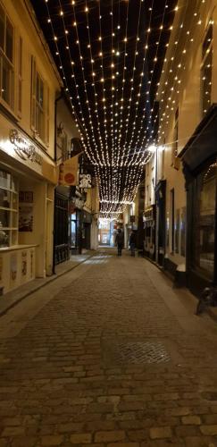 an empty alley with lights hanging from a ceiling at Stargazy Shepherds Hut in St Ives
