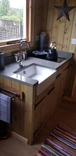 a kitchen counter with a sink in a cabin at Stargazy Shepherds Hut in St Ives