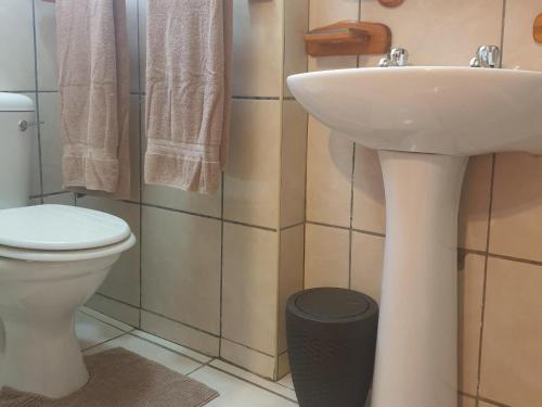 a bathroom with a sink and a toilet and towels at The Loft Lynette's in Krugersdorp