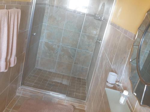 a bathroom with a shower with a glass door at The Loft Lynette's in Krugersdorp