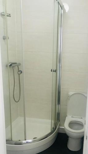 a bathroom with a shower and a toilet at Amhurst Hotel in London
