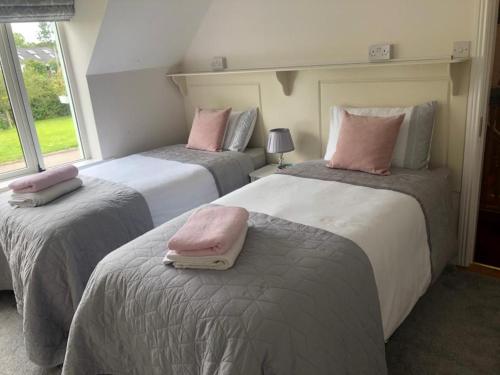 - une chambre avec 2 lits avec des oreillers roses dans l'établissement Foxborough BnB, à Droichead an Chaisleáin