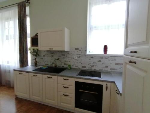 cocina con armarios blancos, fregadero y ventana en Vila Rogashka One Bedroom Apartment, en Rogaška Slatina