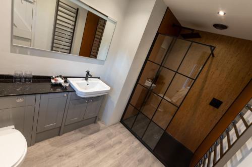 a bathroom with a toilet and a sink and a shower at Sneaton Castle in Whitby
