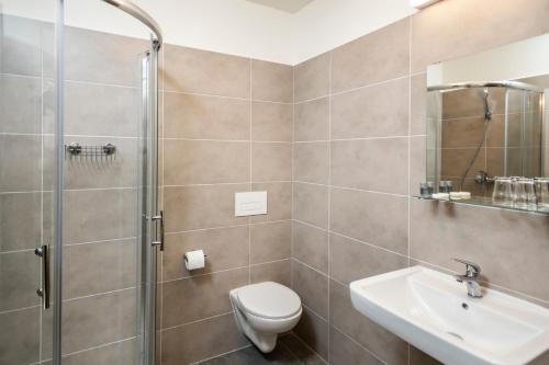 a bathroom with a shower and a toilet and a sink at APARTMÁNY VILA LIBĚNA in Ostrava