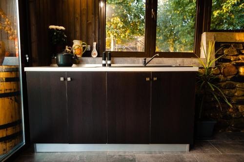 a kitchen with a sink and a window at Casa Sima in Curtea de Argeş