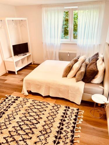 Gästehaus zur Uni Klinik Exklusives Apartment mit Küche und Badezimmer في هومبورغ: غرفة نوم بسرير وتلفزيون ونافذة