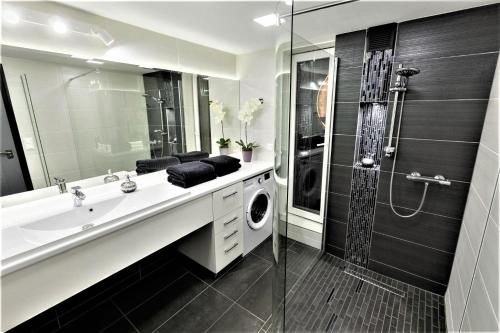 a bathroom with a sink and a washing machine at Goldcentral Apartment Art B6 in Budapest