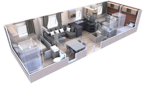 a rendering of a floor plan of a house at Mobil home 3 chambres 2 salles de bains au camping 4 étoiles MH276 aux charmettes in Les Mathes