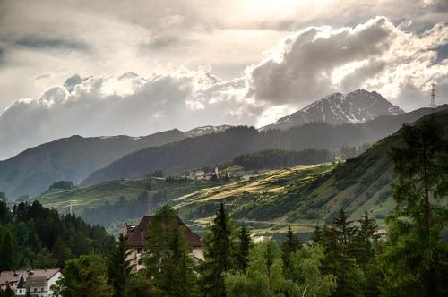 a view of a valley with mountains and trees at Hotel Villa Post in Vulpera