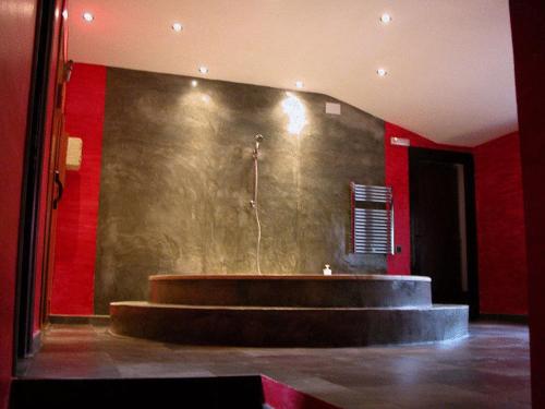 a bathroom with a shower in the corner of a room at Masia Vista Hermosa in Vallromanas