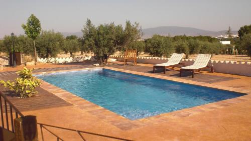 a swimming pool with two lawn chairs at Casa Rural El Olivar de las Pepinas in Yecla