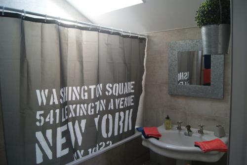 une salle de bain avec un rideau de douche et un lavabo dans l'établissement Maison prés du Circuit 24H du Mans, à Arnage