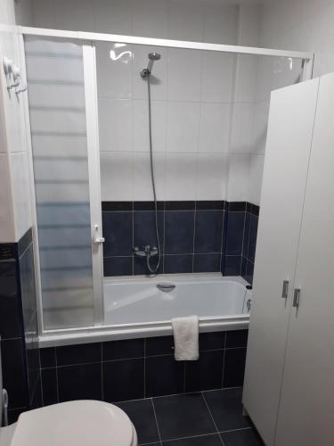 ein Badezimmer mit einer Dusche, einer Badewanne und einem WC in der Unterkunft Soraya en el fin de la tierra B in Kap Finisterre