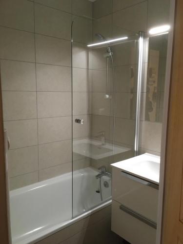 a bathroom with a shower and a tub and a sink at Val Thorens - Confortable Appartement 4 personnes in Val Thorens