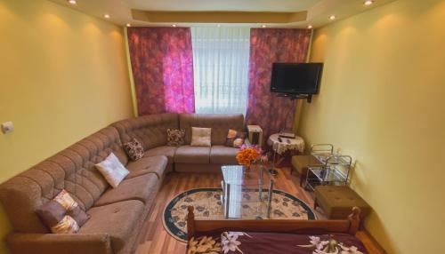 - un salon avec un canapé et une télévision dans l'établissement Apartament Cristian, à Geoagiu Băi