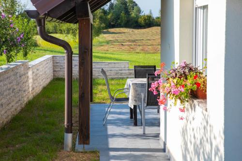a patio with a table and chairs and an umbrella at Apartmani Leptir in Rakovica