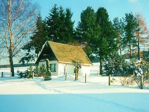 une petite maison dans la neige avec des arbres dans l'établissement Holiday Home in Altenfeld with Private Pool, à Altenfeld