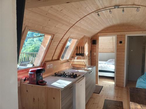 a kitchen with a stove in a tiny house at les insolites du villaret in Saint-Vincent-les-Forts