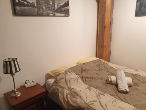 um quarto com uma cama e uma mesa com um candeeiro em ROMANN 2 em Xonrupt-Longemer