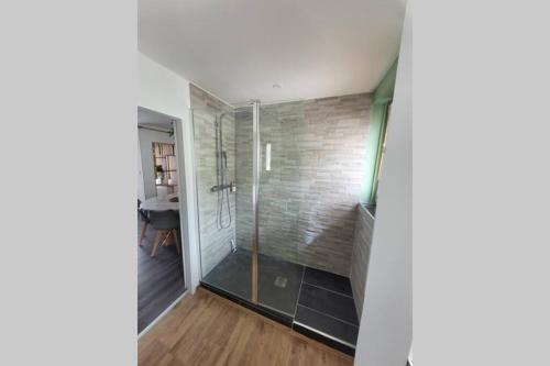 baño con ducha y puerta de cristal en Le Nid d'Opale, en Berck-sur-Mer