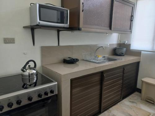 a small kitchen with a stove and a microwave at Del Sol Suites - Apartamento Familiar in Guayaquil