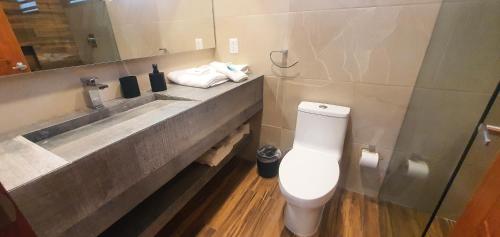 a bathroom with a toilet, sink, and bathtub at MBH Maya Bacalar Hotel Boutique in Bacalar