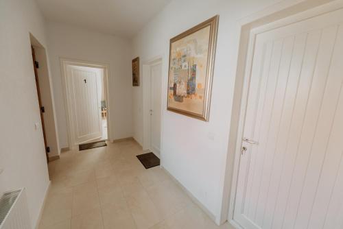 a hallway with white walls and a painting on the wall at Casa Botár Vendégház in Rimetea