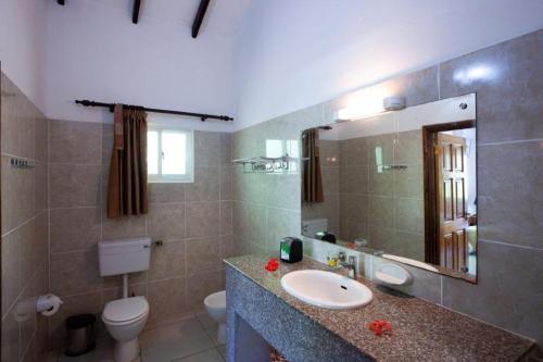 uma casa de banho com um lavatório, um WC e um espelho. em Villa Veuve Casadani Hotel em La Digue