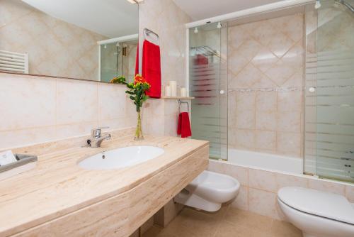 een badkamer met een wastafel, een toilet en een douche bij Drac Blanc 1-4 in Cala Ratjada